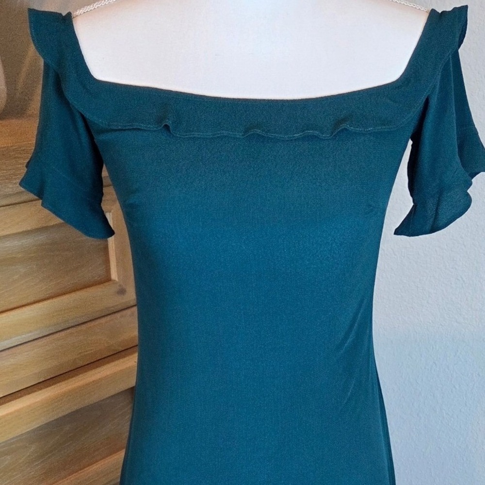 Reformation Antonia Teal Green Off Shoulder Ruffle Midi Dress Crepe Size 2-4 - Picture 8 of 8